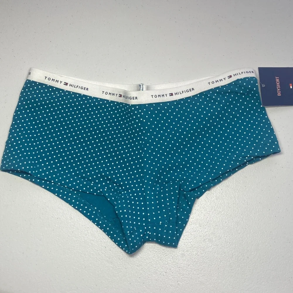 3/$18 Tommy Hilfiger teal polka dot boyshort panty with logo waistband size S - Picture 8 of 17